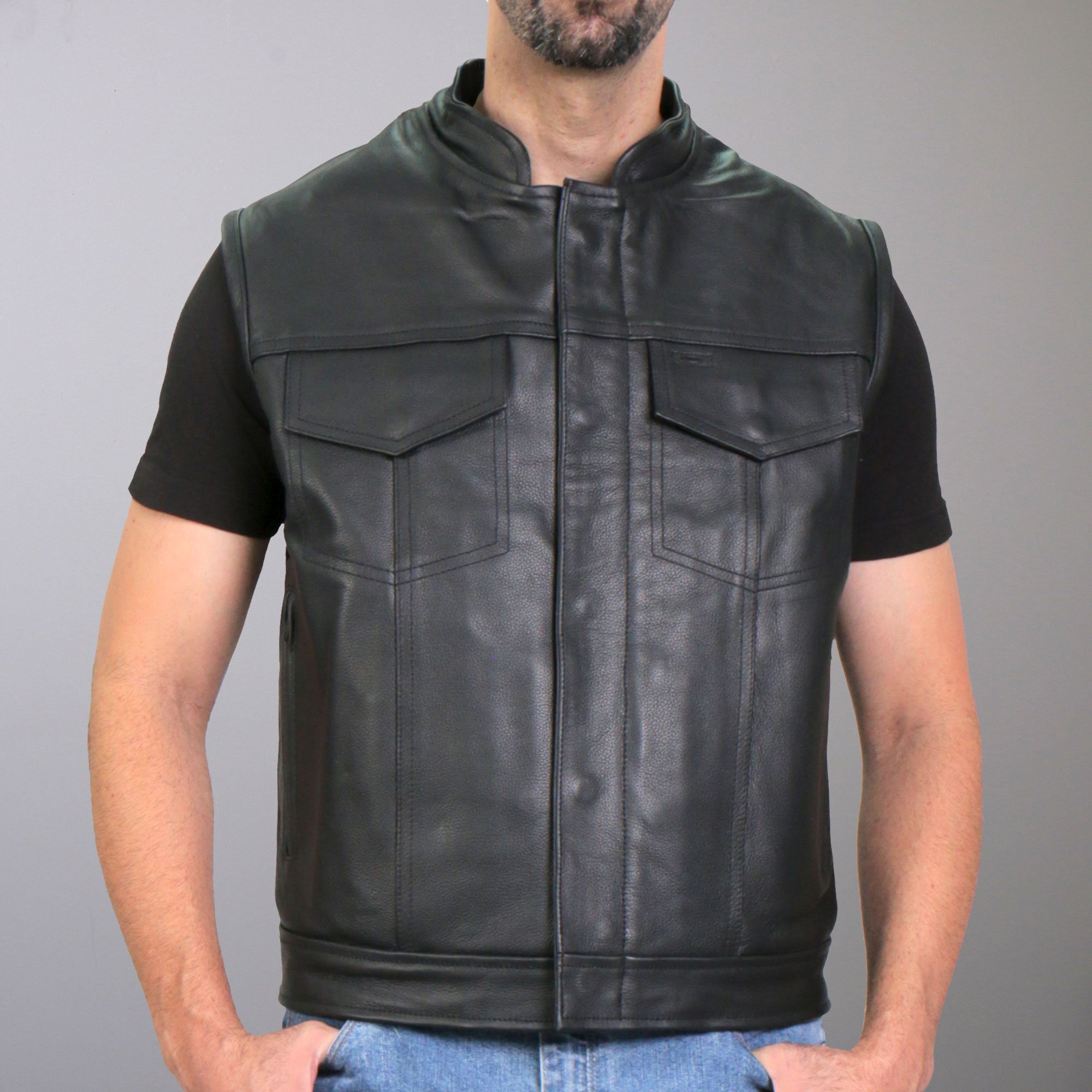 Hot Leathers バイク レザーベスト 本革 牛革 [Skull Flag Liner Vest] 星条旗 スカル柄裏地 7ポケット ハンティングベスト ジッパー スナップボタン 立襟 ブラック バイカー 黒 メンズ 高級カウハイドレザー 米国ブランド直輸入 ホットレザー 大きいサイズ