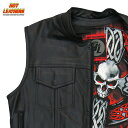 Hot Leathers バイク レザーベスト 本革 牛革 Celtic Cross Liner Vest ケルト十字 スカル柄裏地 7ポケット ハンティングベスト ジッパー スナップボタン 立襟 ブラック バイカー 黒 メンズ 高級カウハイドレザー 米国ブランド直輸入 ホットレザー 大きいサイズ