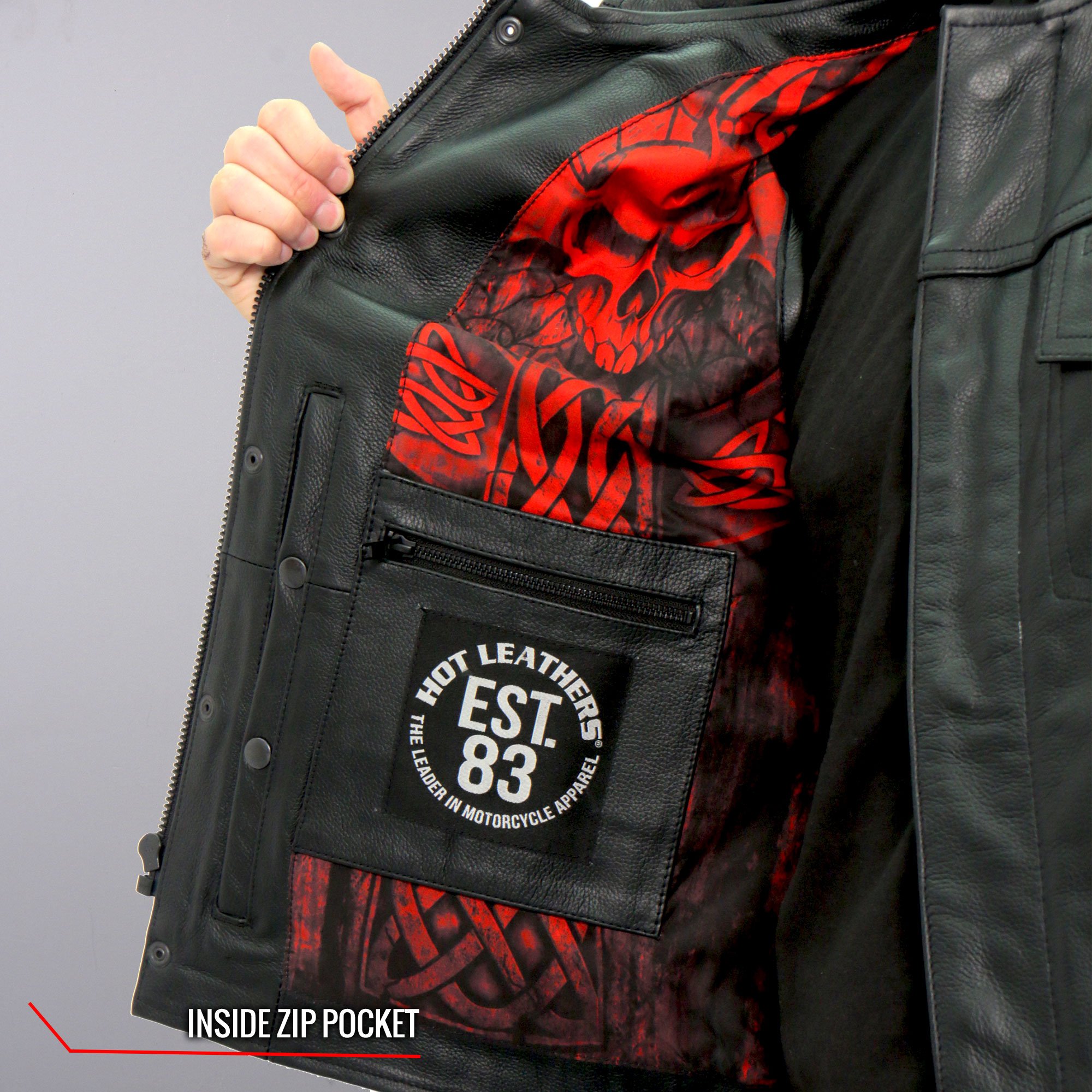 新版 Hot Leathers バイク レザーベスト 本革 牛革 Celtic Cross Liner Vest ケルト十字 スカル柄裏地 7ポケット ハンティングベスト ジッパー スナップボタン 立襟 ブラック バイカー 黒 メンズ 高級カウハイドレザー 米国ブランド直輸入 ホットレザー 大きいサイズ 超