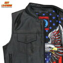 Hot Leathers バイク レザーベスト 本革 牛革 Patriotic Liner Vest イーグル 鷲 星条旗柄裏地 7ポケット ハンティングベスト ジッパー スナップボタン 立襟 ブラック バイカー 黒 メンズ 高級カウハイドレザー 米国ブランド直輸入 ホットレザー 大きいサイズ