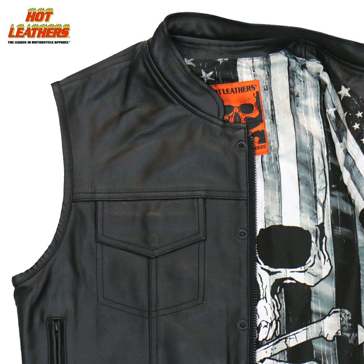 Hot Leathers バイク レザーベスト 本革 牛革 [Skull Flag Liner Vest] 星条旗 スカル柄裏地 7ポケット ハンティングベスト ジッパー スナップボタン 立襟 ブラック バイカー 黒 メンズ 高級カウハイドレザー 米国ブランド直輸入 ホットレザー 大きいサイズ