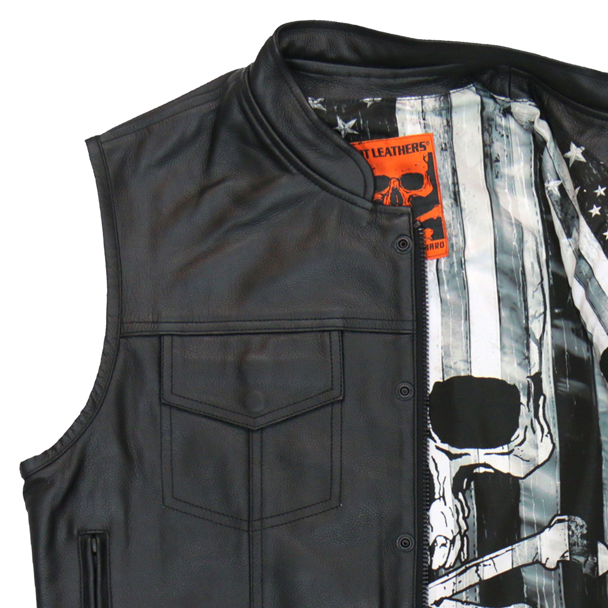 Hot Leathers バイク レザーベスト 本革 牛革 [Skull Flag Liner Vest] 星条旗 スカル柄裏地 7ポケット ハンティングベスト ジッパー スナップボタン 立襟 ブラック バイカー 黒 メンズ 高級カウハイドレザー 米国ブランド直輸入 ホットレザー 大きいサイズ