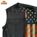 Hot Leathers バイク レザーベスト 本革 牛革 [Vintage Flag Liner Vest] 星条旗 ヴィンテージ柄裏地 7ポケット ハンティングベスト ジッパー スナップボタン 立襟 ブラック バイカー 黒 メンズ 高級カウハイドレザー 米国ブランド直輸入 ホットレザー 大きいサイズ