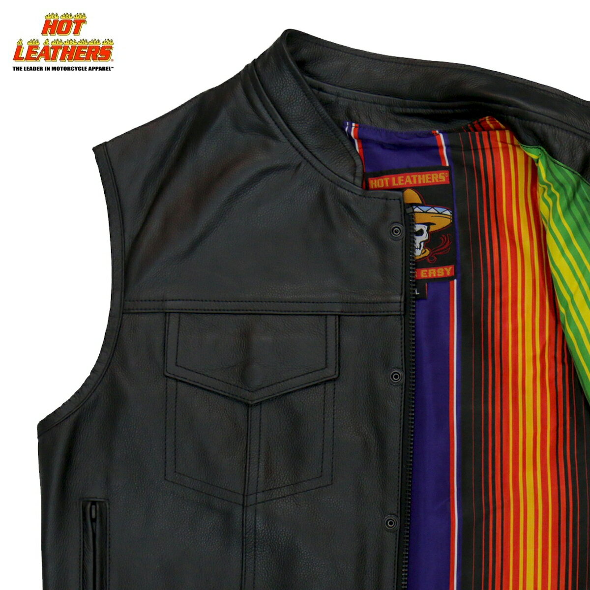 Hot Leathers バイク レザーベスト 本革 牛革 [Mexican Blanket Liner Vest] メキシカン セラーぺ柄裏地 レインボー 7ポケット ハンティングベスト ジッパー スナップボタン 立襟 ブラック 黒 メンズ 高級カウハイドレザー 米国ブランド直輸入 ホットレザー 大きいサイズ