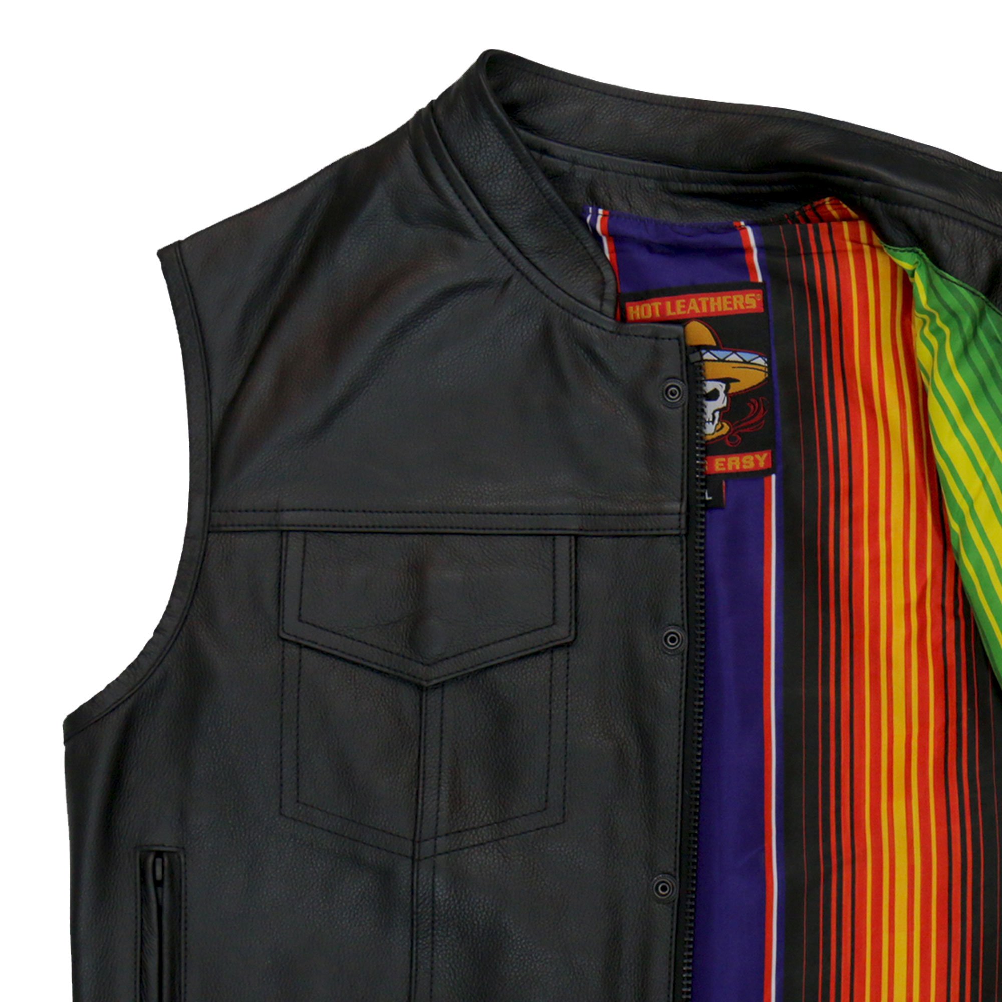 Hot Leathers バイク レザーベスト 本革 牛革 [Mexican Blanket Liner Vest] メキシカン セラーぺ柄裏地 レインボー 7ポケット ハンティングベスト ジッパー スナップボタン 立襟 ブラック 黒 メンズ 高級カウハイドレザー 米国ブランド直輸入 ホットレザー 大きいサイズ