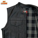 Hot Leathers バイク レザーベスト 本革 牛革 Flannel Gray Liner Vest フランネル裏地 グレー 7ポケット ハンティングベスト ジッパー スナップボタン 立襟 ブラック バイカー 黒 メンズ 高級カウハイドレザー 米国ブランド直輸入 ホットレザー 大きいサイズ