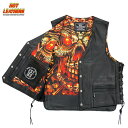 Hot Leathers バイク レザーベスト 本革 牛革 Skulls Make Skulls with Skull Liner Vest スカル ドクロ柄裏地 5ポケット ウエスト調節可能 両脇編み上げ サイドレース シルバースナップボタン ブラック バイカー 黒 メンズ 米国ホットレザー 直輸入 大きいサイズ