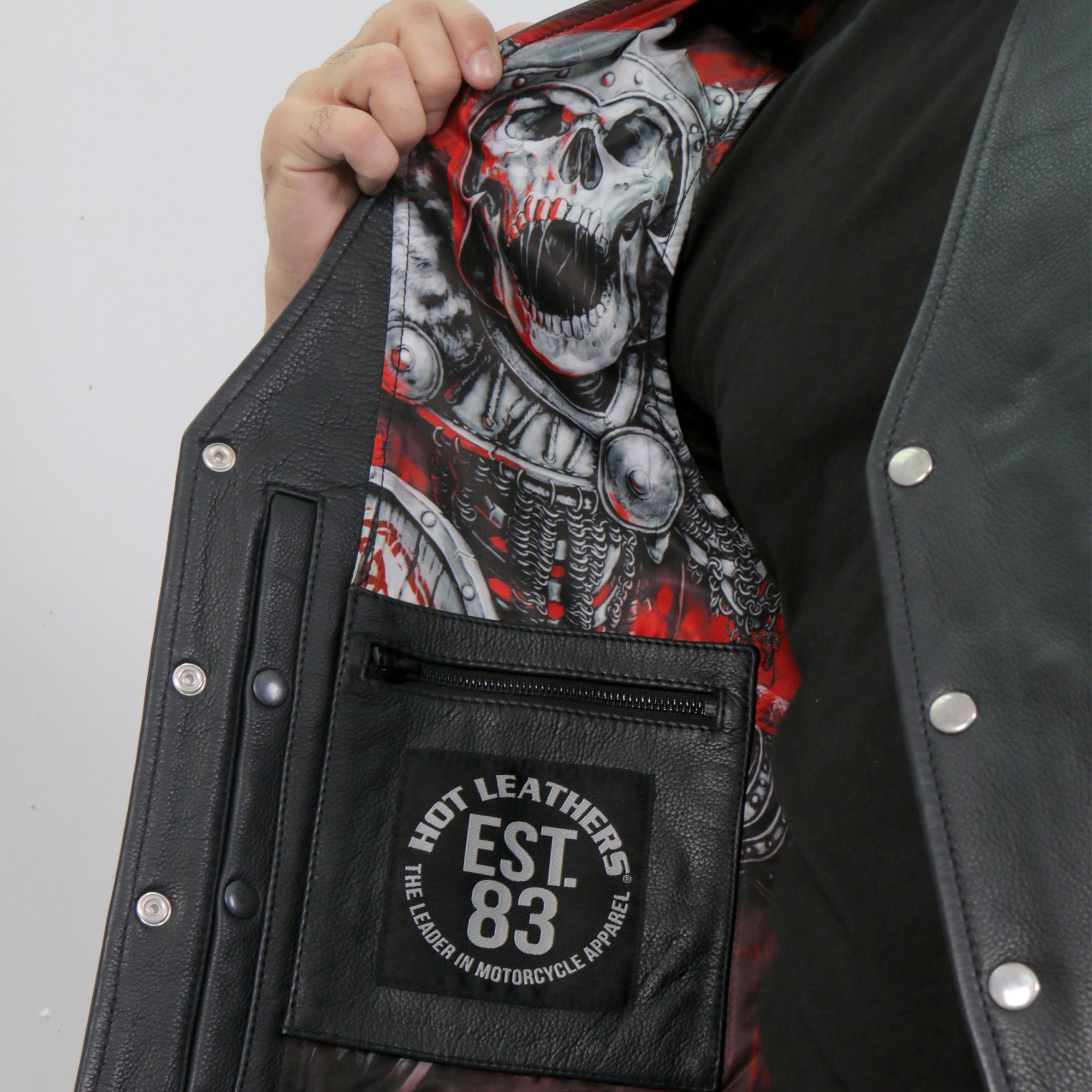 本国ハーレー乗り愛用ブランド Hot Leathers バイク レザーベスト 本革 牛革 Viking Warrior Vest バイキング 戦士 スケルトン柄裏地 5ポケット ウエスト調節可能 両脇編み上げ 最大94 Offクーポン ブラック 大きいサイズ バイカー シルバースナップボタン サイドレース