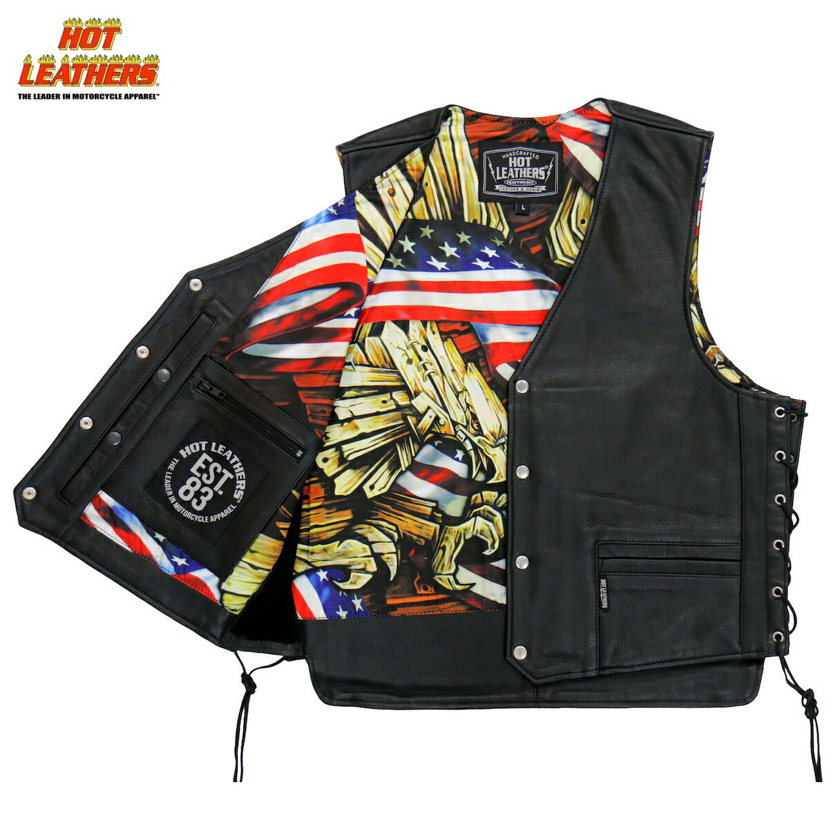 Hot Leathers バイク レザーベスト 本革 牛革 Wood Eagle Liner Vest ウッドイーグル 鷲 星条旗柄裏地 5ポケット ウエスト調節可能 両脇編み上げ サイドレース シルバースナップボタン ブラック バイカー 黒 メンズ 米国ホットレザー 直輸入 大きいサイズ