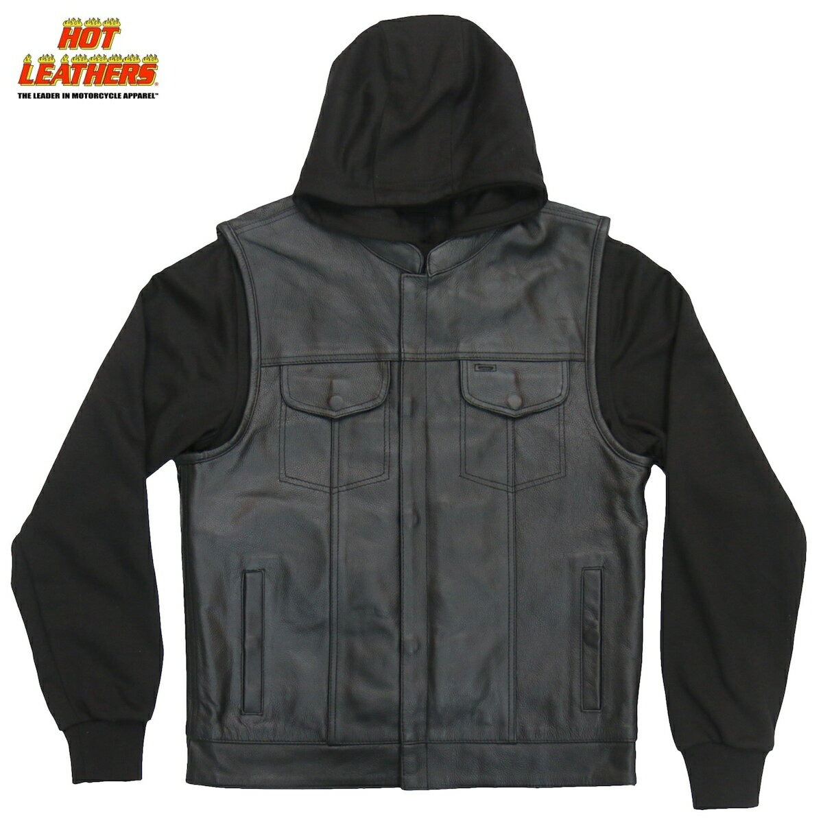 Hot Leathers Х 쥶٥ ѡ å ܳ  ե꡼ [Men's Leather Vest with Hoody] ϥ 쥶٥ 饷å Х  ƹۥåȥ쥶 ľ͢ 礭