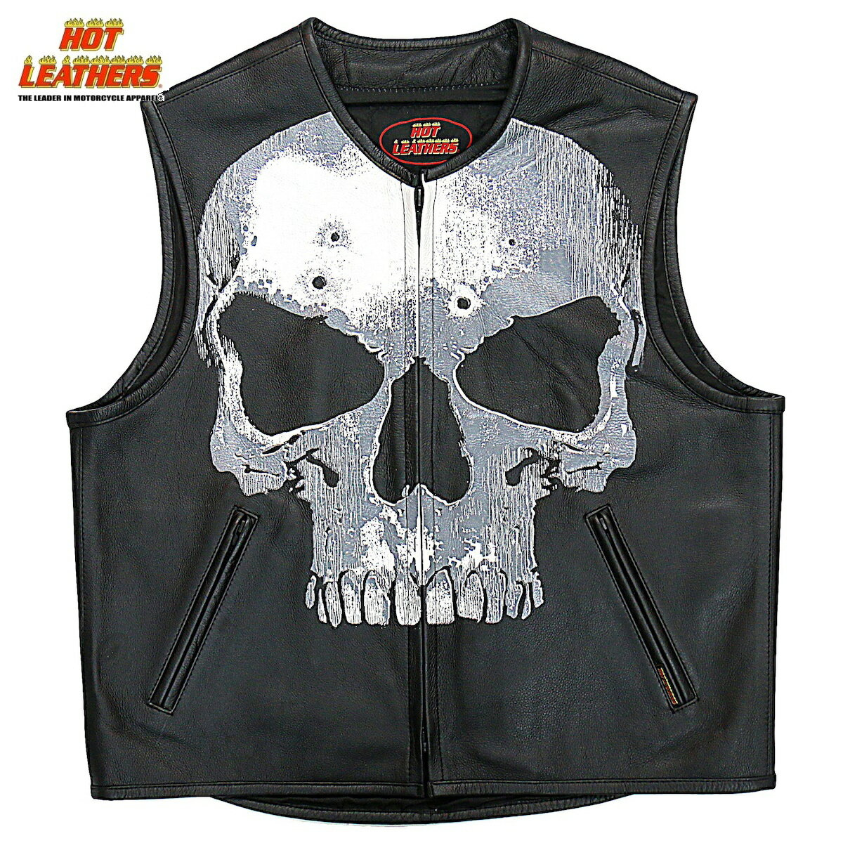 Hot Leathers バイク レザーベスト 本革 牛革 [Jumbo Skull Vest] ジャンボスカル ドクロ 弾痕 裏地もスカル柄 4ポケット ジッパー ブラック バイカー 黒 メンズ 高級カウハイドレザー 米国ブランド直輸入 ホットレザー 大きいサイズ