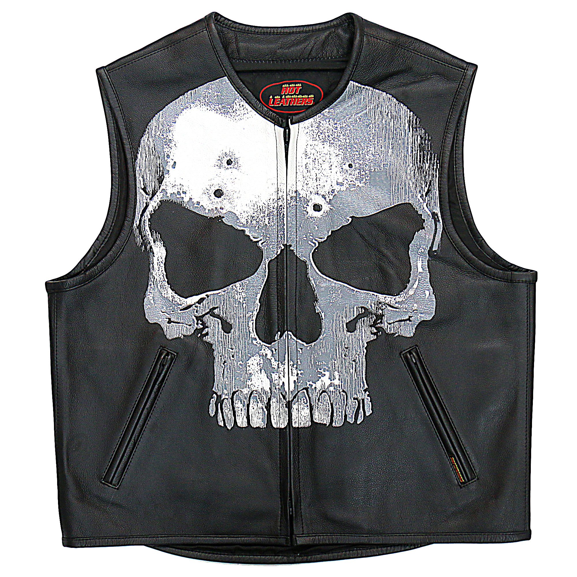 Hot Leathers バイク レザーベスト 本革 牛革 [Jumbo Skull Vest] ジャンボスカル ドクロ 弾痕 裏地もスカル柄 4ポケット ジッパー ブラック バイカー 黒 メンズ 高級カウハイドレザー 米国ブランド直輸入 ホットレザー 大きいサイズ