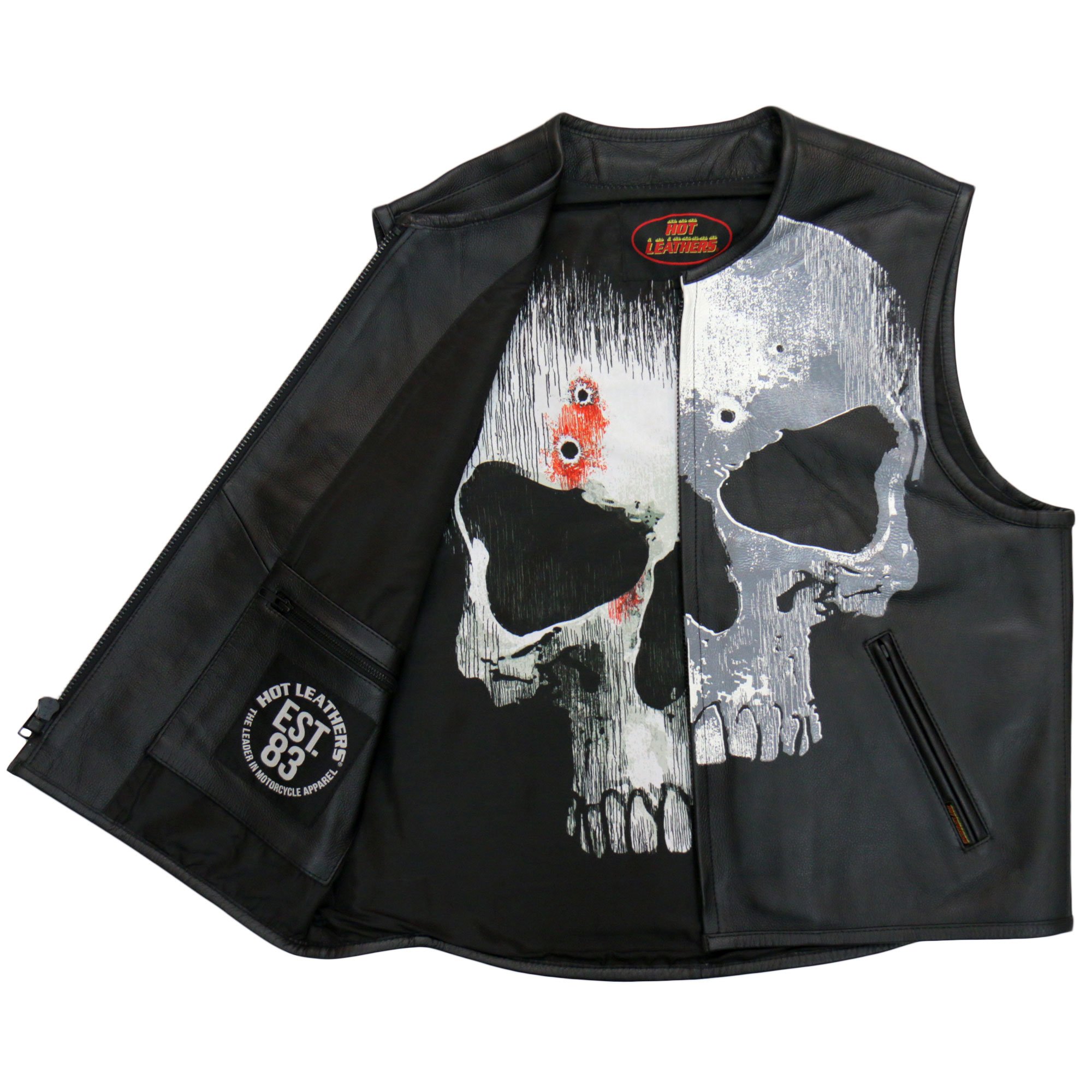 Hot Leathers バイク レザーベスト 本革 牛革 [Jumbo Skull Vest] ジャンボスカル ドクロ 弾痕 裏地もスカル柄 4ポケット ジッパー ブラック バイカー 黒 メンズ 高級カウハイドレザー 米国ブランド直輸入 ホットレザー 大きいサイズ