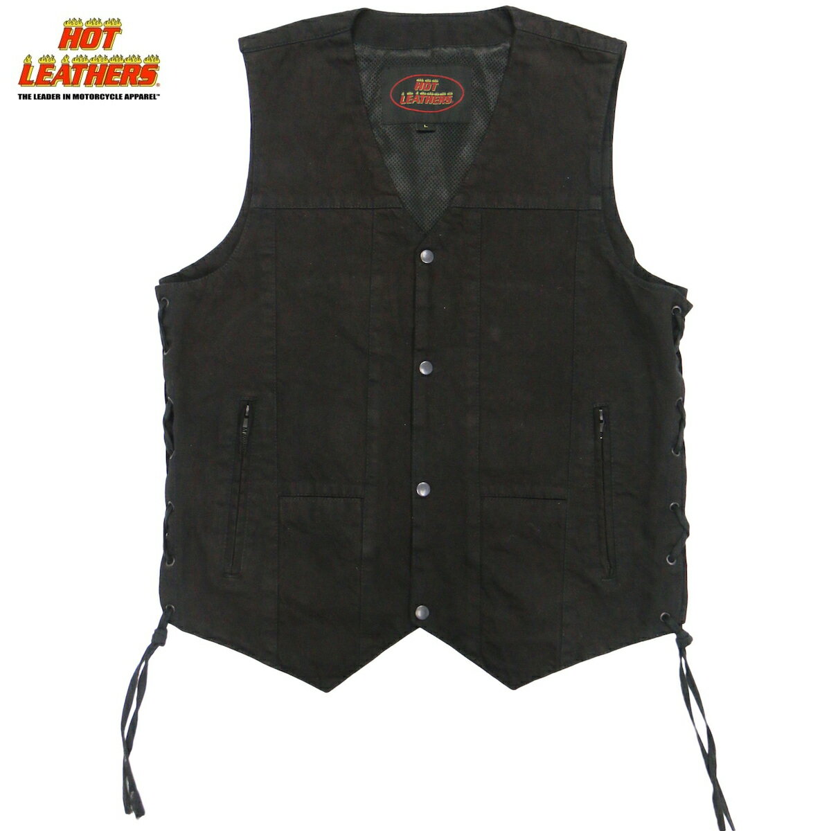 【送料無料】日本未発売 デニムベスト [Men's Denim Vest with Leather Side Laces]HOTLEATHERS メンズブラックデニムベスト! 本国ハーレー乗り愛用の米国バイカー専門アパレルブランド「ホットレザー」からの直輸入品 【 HOTLEATHERS Men's Denim Vest with Leather Side Laces 】 TシャツやロンTとの重ね着に最適なメンズノースリーブベスト! コーデしやすいブラックカラーなので、ジーンズやレザーなどとも相性抜群♪ 年中着用可能なバイカーによるバイカーのためのデニムベストです!! 本場バイカーの、あの"こなれた感じ"演出できます♪ 米国ならではのプラスサイズです。 襟やポケットのデザインがアクセントになった Gジャンのようなブラックデニム生地のおしゃれな一枚。 【仕様】 ・ブラックデニム ・メッシュ裏地 ・サイドレースアップ（革紐編み上げ）仕様 ・YKK製ジッパー ・ポケット6箇所 ・背面フルパネル 【サイズにご注意下さい】 ※USサイズは、日本サイズよりワンサイズ程度大きめに作られています。 例えばUSサイズ表記「M」の実際の大きさは、日本サイズ「L」に相当します。 必ずサイズ表をご確認の上、サイズをお選びください。 ※サイズは目安です。商品の個体差や個人差により着用感は異なる場合がございます。 ※商品の仕様やデザインはメーカー都合により予告なく変更になる場合がございます。 【当店に在庫がある】商品は1〜2営業日以内に発送。当店に在庫が無く、【米国メーカーからお取り寄せ可能】な場合は通常お届けまでに「1〜2週間前後」のお時間を頂いております。【メーカーに在庫がない商品】に関しましては、お届けまでに「1ヶ月以上」、またはタイミングにより「売り切れ」や「生産終了」となっている場合がございます。納期や商品についてのご不明な点などがございましたら、どうぞお気軽にお問い合わせ下さい。商品画像はできる限り現品を再現するように心がけておりますが、ご利用のモニターにより差異が生じますので予めご了承下さい。 当店に在庫がある商品は1〜2営業日以内に発送。米国メーカー在庫品で1〜2週間前後、在庫がない商品に関しましては、売り切れ・廃盤もしくは1ヶ月以上お時間を頂戴致します。