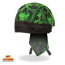 Hot Leathers ヘッドラップ 緑 黒 スカル Over The Top Skulls Green Headwrap バンダナキャップ インナーキャップ ヘルメットインナー ターバン 汗止め 海賊巻 サイズフリー 米国直輸入 ホットレザー バイクに