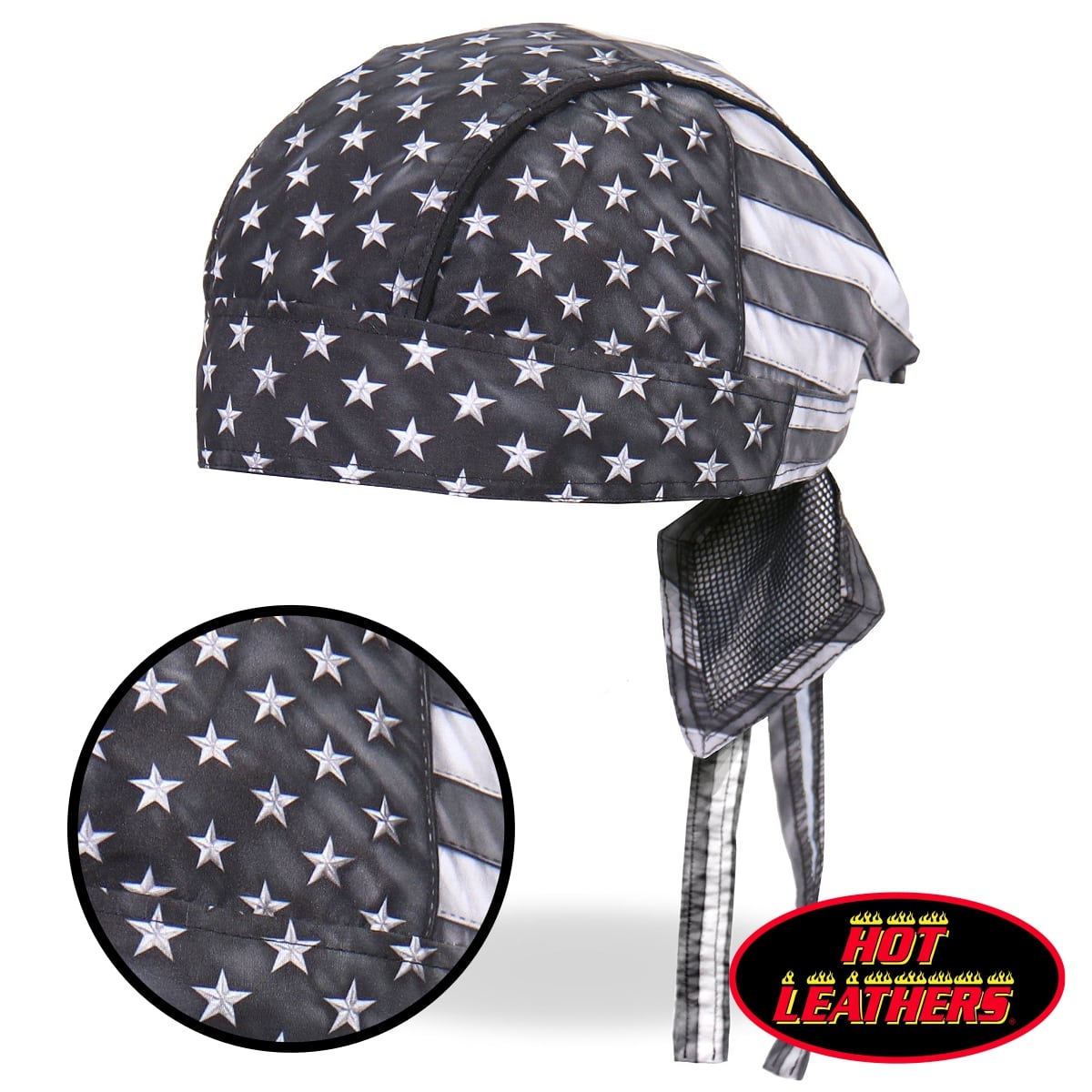 Hot Leathers ヘッドラップ グレー フラッグ プレミアム [Gray Flag Headwrap] モノクロ 星 星条旗 ヘルメットインナー バンダナキャップ インナーキャップ 海賊巻 米国直輸入 ホットレザー サイズフリー! バイクに! ターバン 汗止めに!