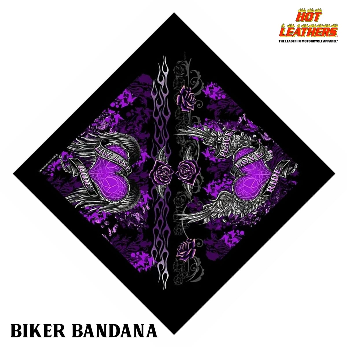 日本未発売!米国直輸入! ホットレザー [Heart Live Love Ride Bandana] ハート リブラブライド バンダナ! ヘッドラップやスカーフに! ヘルメットインナー インナーキャップ 海賊巻 正方形 紫 バイクに! お弁当包み ハンカチ ネッカチーフ バイカー