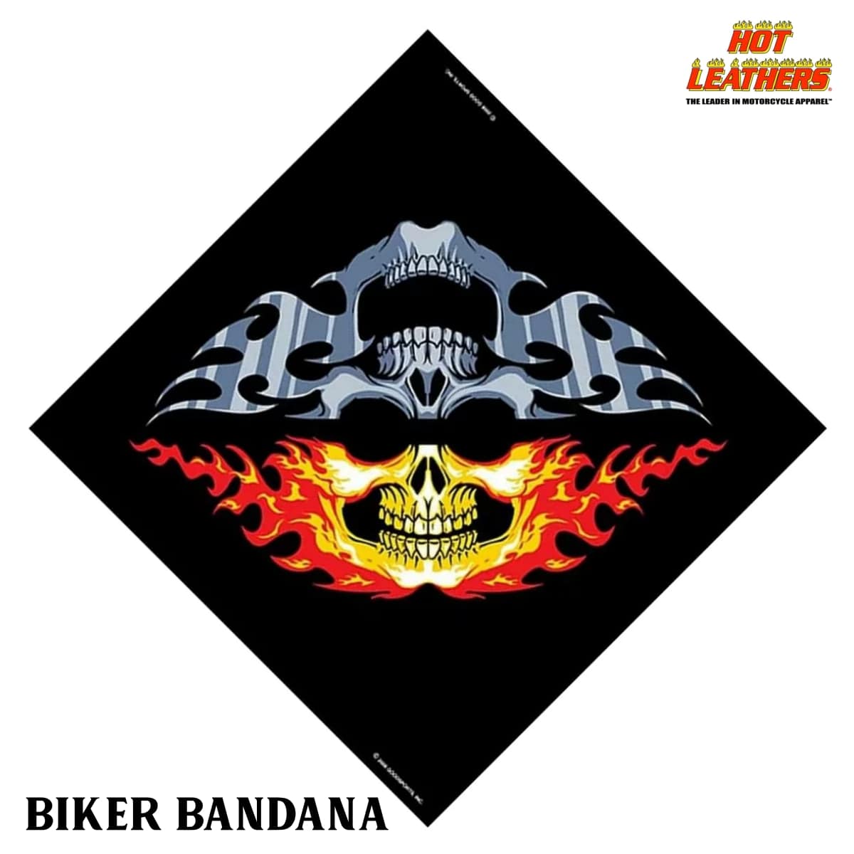 【送料無料!】日本未発売!米国直輸入!セール価格! HOTLEATHERS [Skull Faces Bandana]ホットレザー オリジナルアートワーク バンダナ 本国ハーレー乗り愛用の米国バイカー専門アパレルブランド「ホットレザー」からの直輸入品です! 【 特別価格! HOTLEATHERS Original Design Bandana 】 どんなスタイルも一瞬でカジュアルにチェンジ!バンダナforバイカー! ファッション性が高く、尚且つどの季節でもライディングを快適にしてくれる バイカーのための超人気定番アイテム!個性的なアートワークや色合いの 日本では手に入らない豊富なデザインを取り揃えました♪ 【特徴】 汗止めや防寒、運転中の不快なヘルメット内のムレやずれを軽減しとっても快適♪ 数ある服飾小物の中でもスタイリングのしやすいバンダナは、 今季も様々なファッショニスタから大注目のアイテム! 使い方は自由!ヘルメットインナー、汗止め用ヘッドラップとしてはもちろん、 フェイスマスク、ネックウォーマー、カチューシャ、リストバンド、 ベルトやバッグに結び、アクセ感覚で飾るだけでオシャレ度がぐんとアップ!! 様々な色柄があるバンダナはそれぞれの好みのスタイルに合わせやすく、 カジュアル、ワイルド、キュート、キレイめコーデとも相性が良く 気軽に取り入れられます♪四つ角を結べばお弁当包みや ちょっとした巾着としてもOK♪使い方は無限…!! アイデア次第で使い方色々なので、オリジナルの使い方を試してみて下さい♪ シーンにあわせて自由自在のお洒落バイカー御用達のバンダナ! 何種類も集めて他のバイカーさんと差をつけちゃいましょう! 薄くてかさばらないので収納はポケットにIN!デザインと色が気に入れば、 男女関係なくお選び頂けます♪毎日使うものだから、何枚あってもいいですね♪ 【オリジナルアートワーク】 半分に折りフェイスマスクとして着用するとフレアスカルに変身できる仮装デザイン。 冷徹なスティールフェイスと燃え盛るファイヤーフェイスの使い分けが可能。 【素材】ポリエステル　【サイズ】正方形 約53.3×53.3cm(21"×21") ※商品の仕様やデザインはメーカー都合により予告なく変更になる場合がございます。 米国メーカーに「在庫がある商品」では通常、お届けまでに「1〜2週間前後」のお時間を頂いております。メーカーに「在庫がない商品」に関しましては、お届けまでに「1ヶ月以上」、またはタイミングにより「売り切れ」や「生産終了」となっている場合がございますので、何卒ご理解下さいますようお願い致します。また、商品によっては説明不足な点や、システムのタイムラグによって納期や入荷状況が表示内容とは異なっている場合がございますので、お届けまでのお時間や商品についてのご不明な点などがございましたら、どうぞお気軽にお問い合わせ下さい！商品画像はできる限り現品を再現するように心がけておりますが、ご利用のモニターにより差異が生じますので予めご了承下さい。 米国メーカー在庫品で1〜2週間前後、在庫がない商品に関しましては、売り切れ・廃盤もしくは1ヶ月以上お時間を頂戴致しますので、予めご了承くださいますようお願い致します。