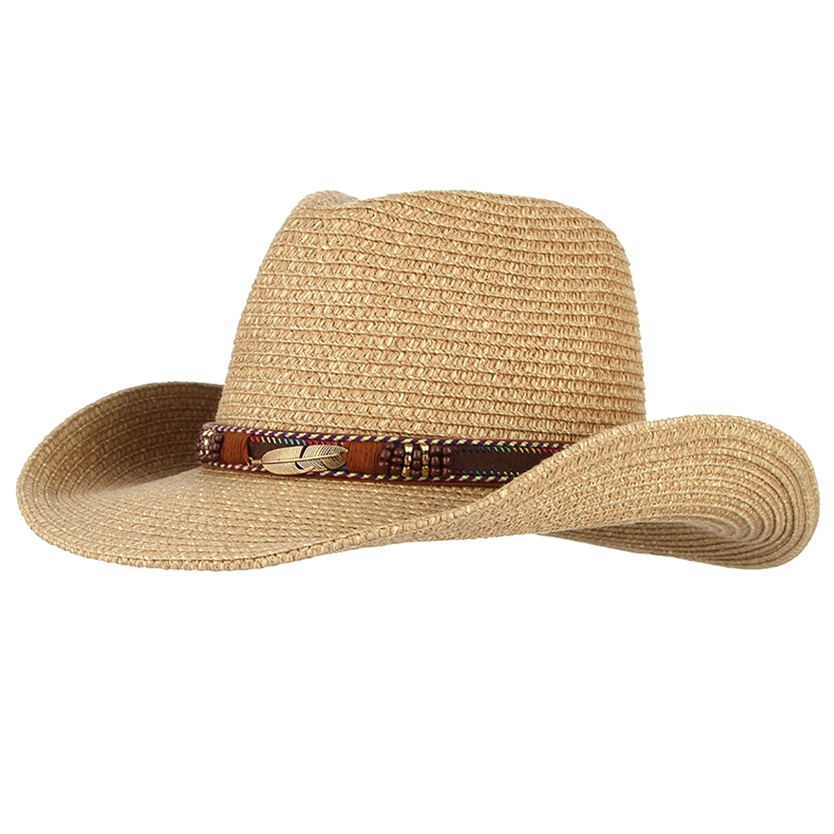 テンガロンハット 全3色! [Alloy Feather Beads Belt Western Cowboy Hat] アロイフェザー・ビーズベルト・ウェスタン・カウボーイハット! 帽子 テンガロンハット ストローハット 麦わら帽子 つば広 ソンブレロ サンキャップ 日焼け防止 男女兼用 バイクに! バイカー*