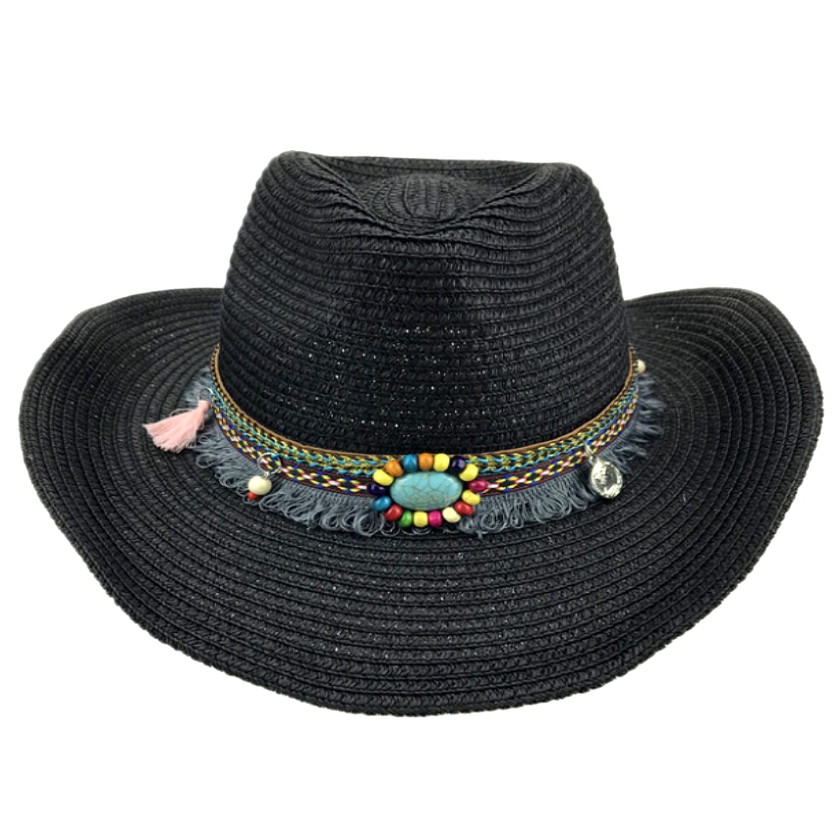 全4色! [Bohemian Decorative Belt Western Cowboy Hat] ボヘミアン・デコラティブ・ベルト・ウェスタン・カウボーイハット! 帽子 テンガロンハット ストローハット 麦わら帽子 つば広 サンキャップ シンプル 日焼け防止 男女兼用 バイクに! バイカー