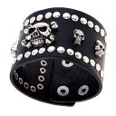 日本未発売! [Genuine Leather Studs Skull Bangle] ジェニュイン・レザー・スタッズ・スカル・バングル! ブレスレット 本革! ブラック 黒 骸骨 パンク ロック 装着一瞬でバイカースタイルの完成! リストバンド アクセサリー*