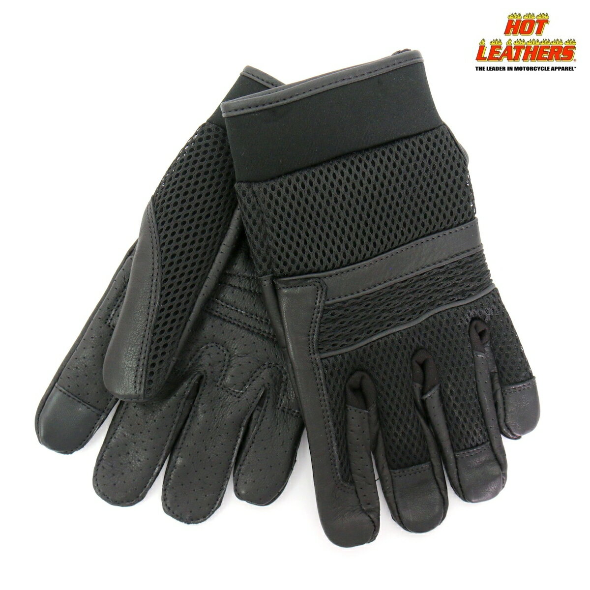 Hot Leathers バイク メッシュ&レザー グローブ スマホ タッチスクリーン対応 [Mesh and Leather Gloves with Piping] ブラック 黒 フルフィンガー 手袋 ベルクロ マジックテープで着脱簡単 米国 ホットレザー