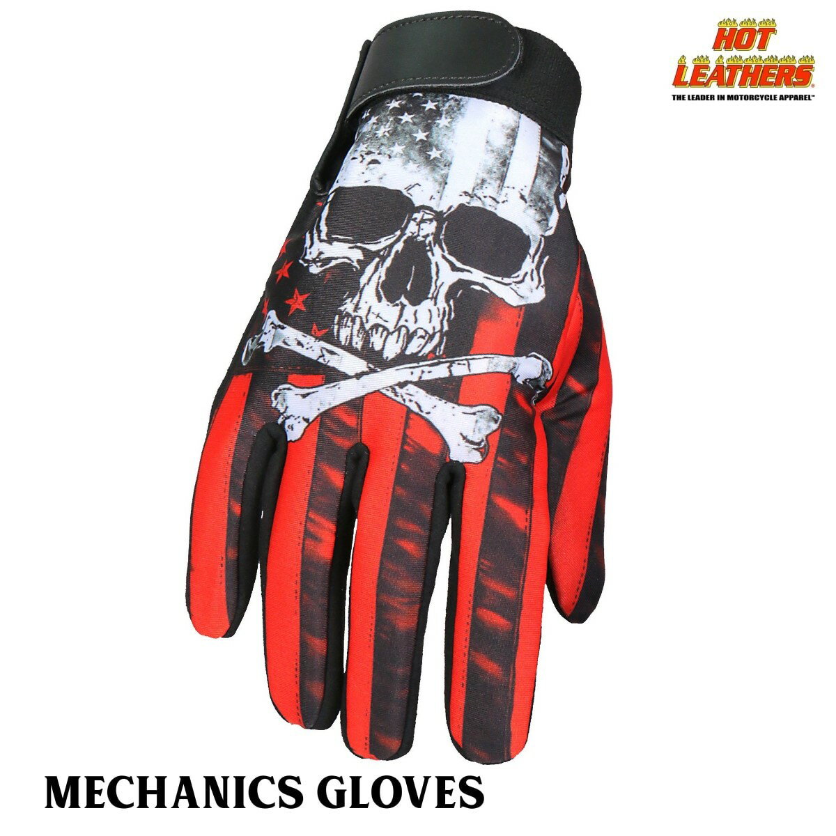 Hot Leathers バイク メカニック グローブ [Flag Skull Mechanics Glove] スカル 星条旗 レッド 赤 フルフィンガー 手袋 ベルクロテープで着脱簡単 米国 ホットレザー