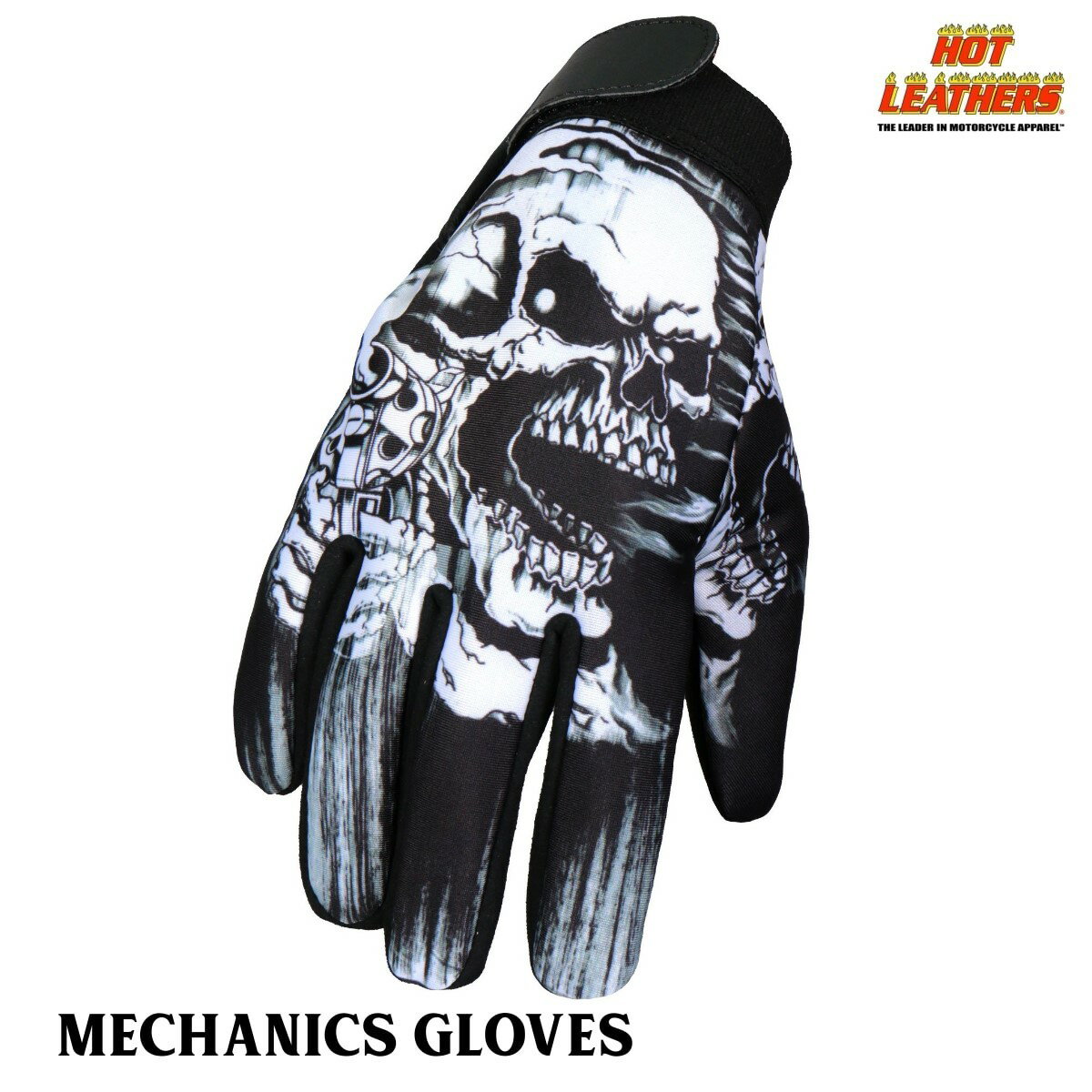 Hot Leathers バイク メカニック グローブ [Assassin Mechanics Glove] スカル アサシン 黒 白 フルフィンガー 手袋 ベルクロテープで着脱簡単 米国 ホットレザー