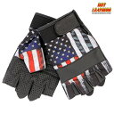 Hot Leathers バイク フィンガーレス グローブ [Glove Sublimated Leather Heartbeat Flag] 星条旗 アメリカ国旗 レザー メッシュ 手袋 ベルクロ マジックテープで着脱簡単 米国 ホットレザー