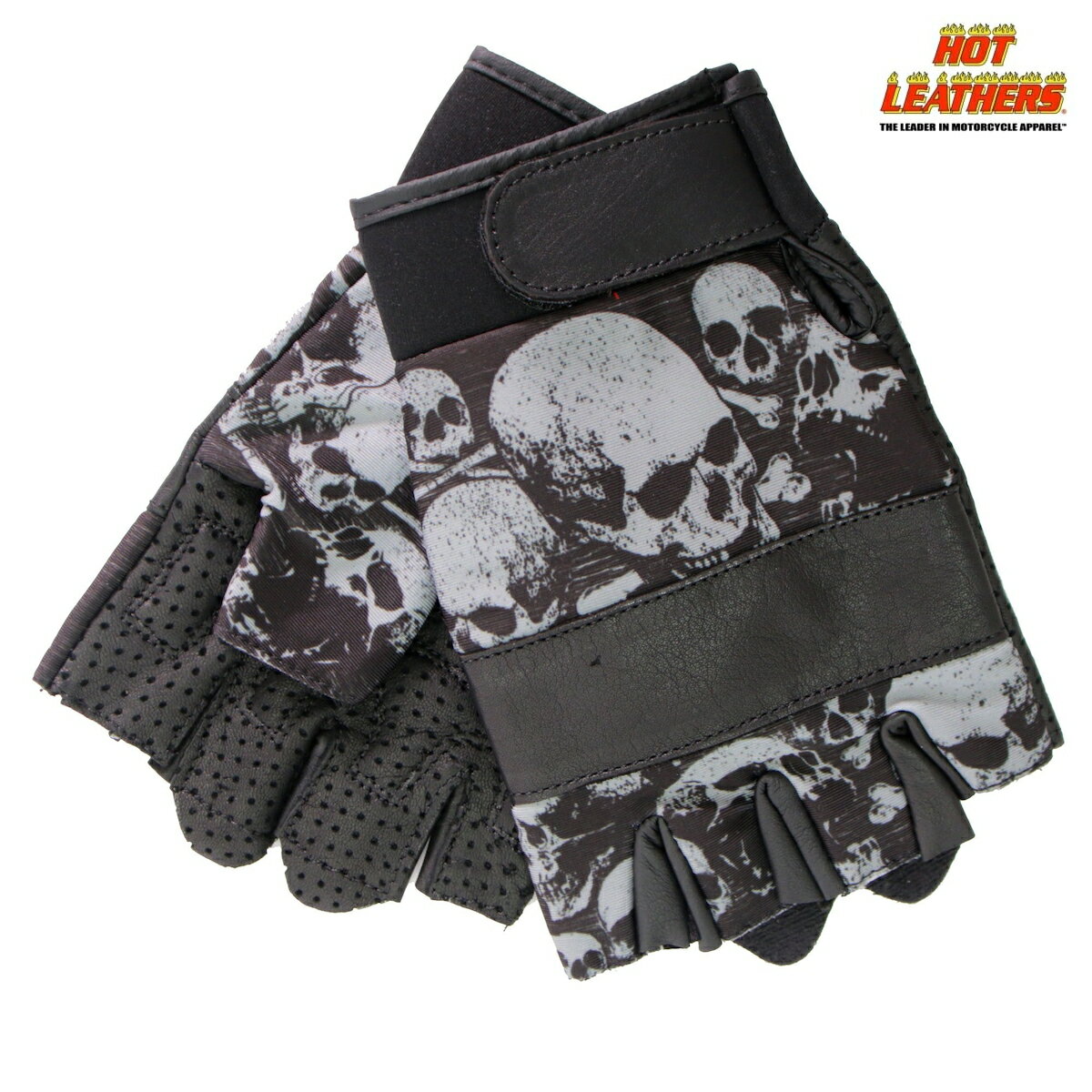 Hot Leathers バイク フィンガーレス グローブ [Glove Sublimated Leather Ancient Skulls] スカル ドクロ レザー メッシュ 手袋 ベルクロ マジックテープで着脱簡単 米国 ホットレザー