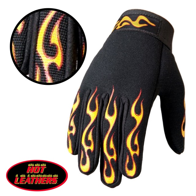 バイク メカニック グローブ 米国直輸入 [Yellow ＆ Red Flame Mechanics Gloves] ホットレザー イエロー ＆ レッド フレイム メンズ 黒 炎 フルフィンガー 手袋 ベルクロテープで着脱一瞬! 細かい作業も簡単! バイカーズグローブ