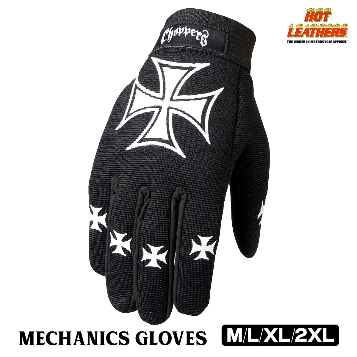 日本未発売!米国直輸入!セール価格! ホットレザー チョッパーズ メカニック グローブ [Choppers Mechanics Gloves] メンズ 黒 クロス 鉄十字 フルフィンガー 手袋 ベルクロテープで着脱一瞬! 細かい作業も簡単! バイカーズグローブ