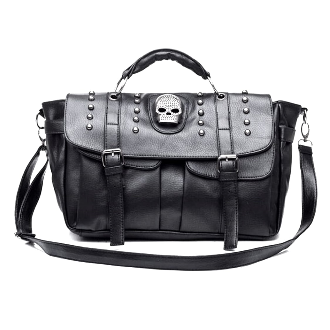 Skull Rivet Shoulder Belt Bag スカル リベット ショルダー ベルト バッグ 骸骨 ブラック 黒 PUレザー ハンドバッグ ボストンバッグ ショルダーバッグ 斜めがけ 肩掛け クロスボディ スタッズ パンク ゴシック バイクに