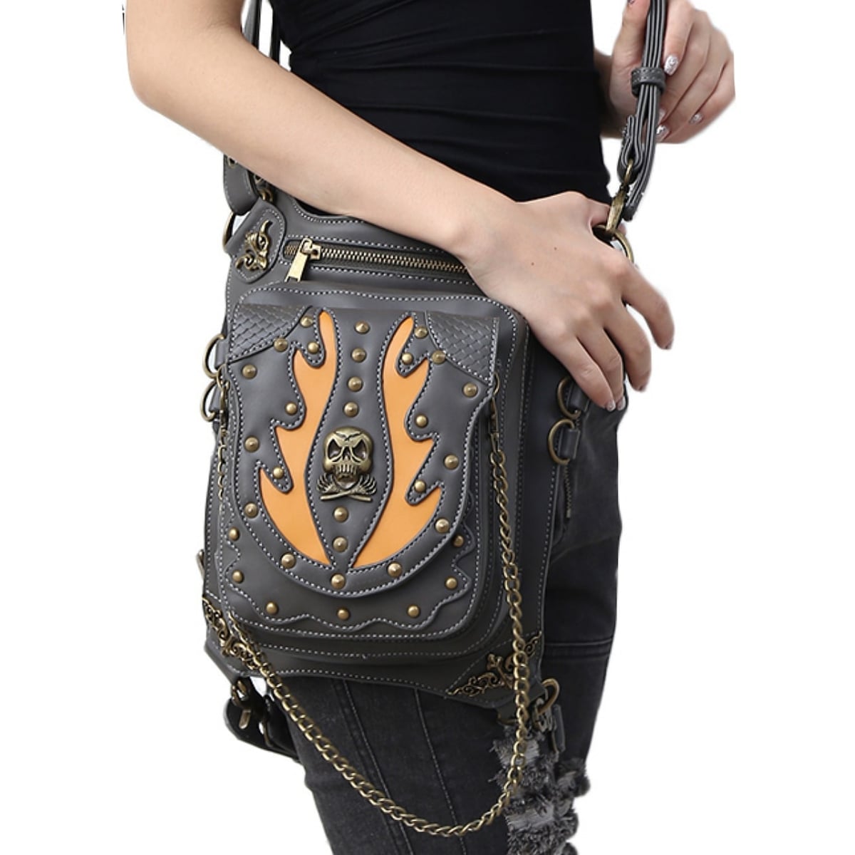 PU Leather Skull Rivet Flare Stitch Waist Bag PUレザー スカル リベット フレア ステッチ ウエスト バッグ グレー パンク ゴシック スタッズ バイクに ボディバッグ レッグバッグ 骸骨 炎 フレイム ホルスター 何通りもの使い方が可能