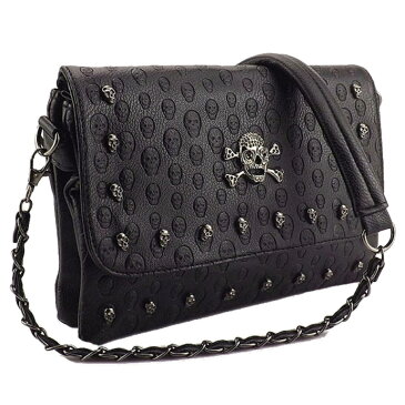 【送料無料!】[Skull Rivet Chain Belt Clutch Bag] スカル・リベット・チェーン・ベルト・クラッチバッグ! 骸骨 ブラック 黒 PUレザー ハンドバッグ ポシェット ショルダーバッグ 斜めがけ クロスボディ エンボス スタッズ パンク ゴシック バイクに!