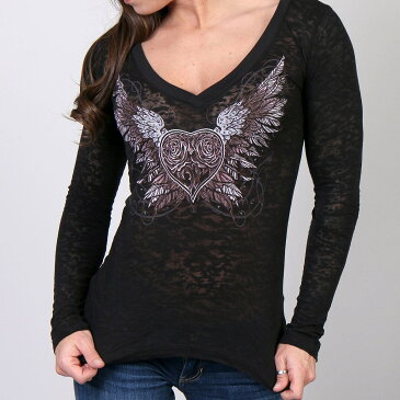 【送料無料!】日本未発売! セール価格! 米国直輸入! ホットレザー [Sparkle Wings Burnout Ladies Long Sleeve Shirt] スパークルウィングス バーンアウト レディース ロングスリーブ シャツ! 長袖 ロンT ブラック 黒 ハート シースルー Hot Leathers プリントT バイクに!