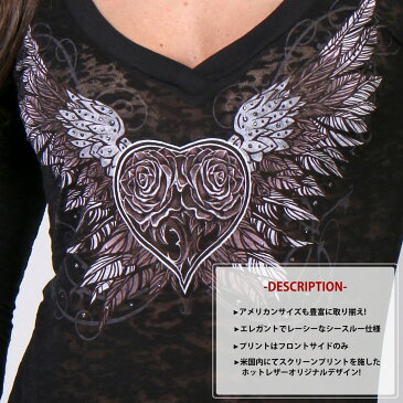 【送料無料!】日本未発売! セール価格! 米国直輸入! ホットレザー [Sparkle Wings Burnout Ladies Long Sleeve Shirt] スパークルウィングス バーンアウト レディース ロングスリーブ シャツ! 長袖 ロンT ブラック 黒 ハート シースルー Hot Leathers プリントT バイクに!