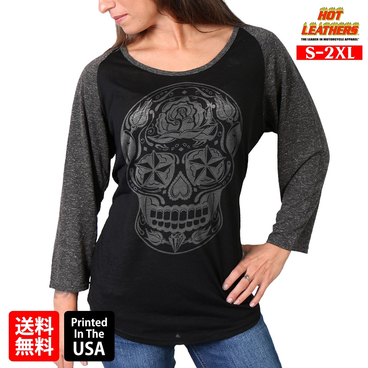 日本未発売! セール価格! 米国直輸入! ホットレザー [Sugar Skull Ladies 3/4 Sleeve Shirt] シュガースカル レディース 3/4スリーブ シャツ! 長袖 ロンT 杢グレー ブラック ラグラン 七分袖 骸骨 バイカラー Hot Leathers プリントT バイクに!