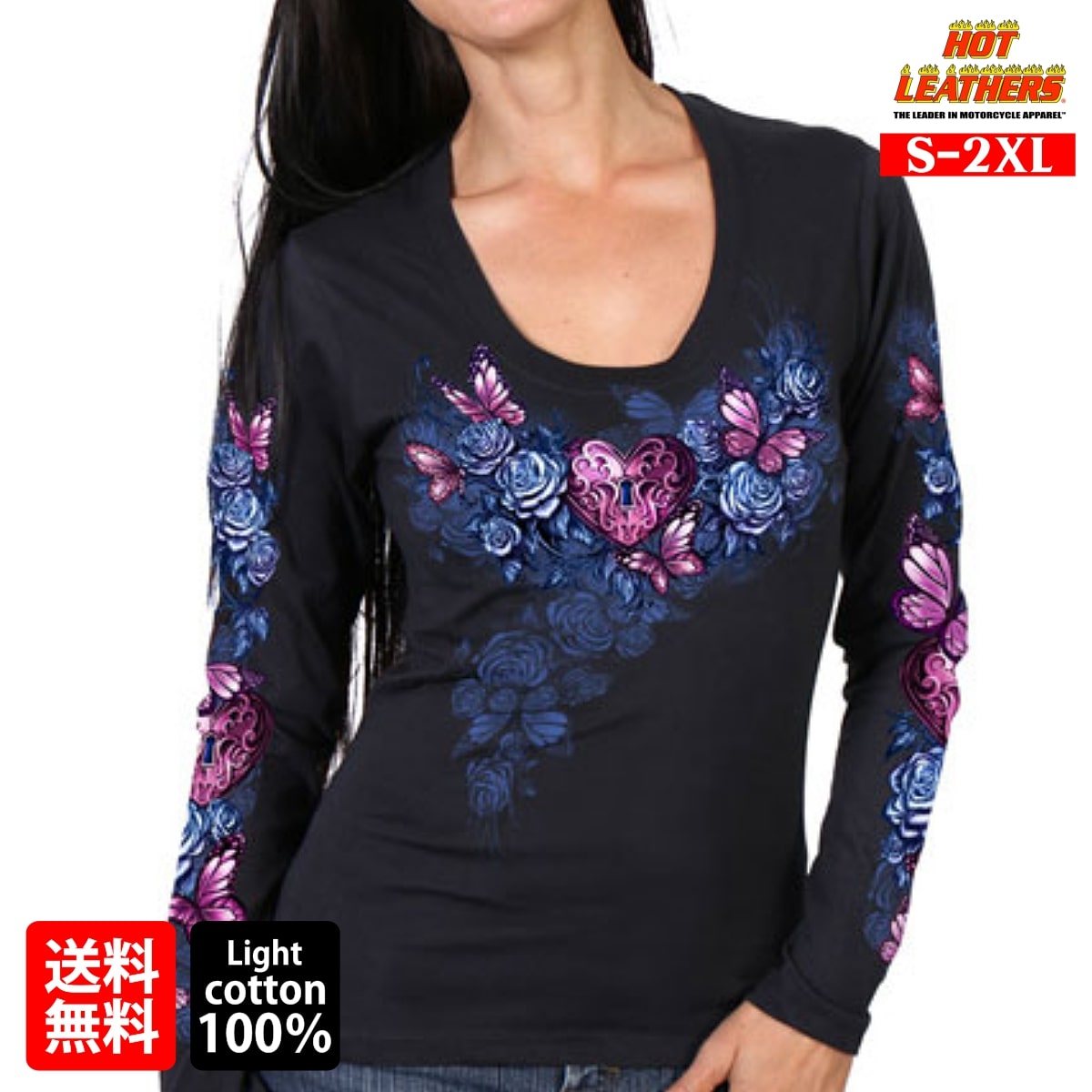 日本未発売 セール価格 米国直輸入 ホットレザー Heart Lock Scoop Neck Ladies Long Sleeve Shirt ハートロック スクープネック レディース ロングスリーブ シャツ 長袖 ロンT ブラック 黒 薔薇 蝶々 Hot Leathers プリントT バイクに