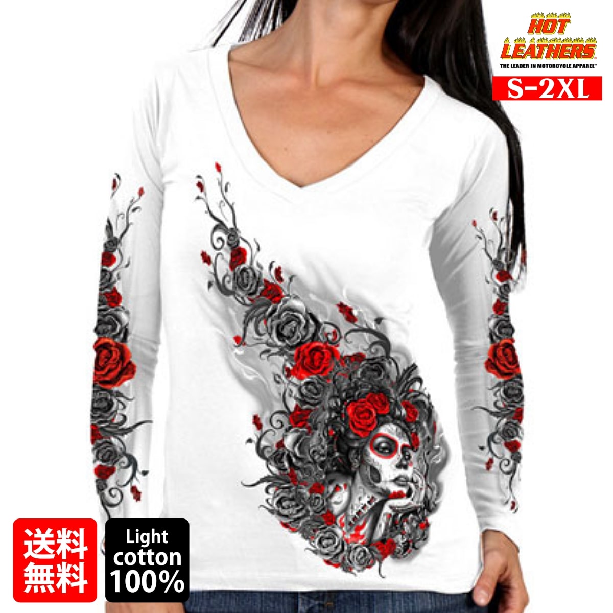 日本未発売 セール価格 米国直輸入 ホットレザー Sugar Woman V-Neck Ladies Long Sleeve Shirt シュガーウーマン Vネック レディース ロングスリーブ シャツ 長袖 ロンT ホワイト 白 スカル ローズ 薔薇 Hot Leathers プリントT バイクに