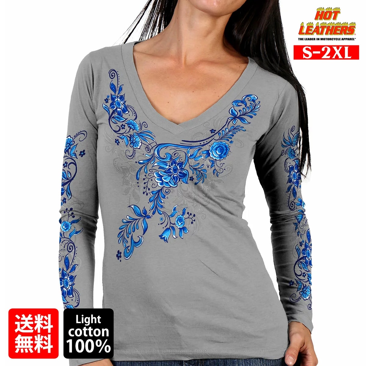 日本未発売 セール価格 米国直輸入 ホットレザー China Pattern Ladies Long Sleeve Shirt チャイナパターン レディース ロングスリーブ シャツ 長袖 ロンT シルバー グレー 花柄 アラベスク Vネック Hot Leathers プリントT バイクに