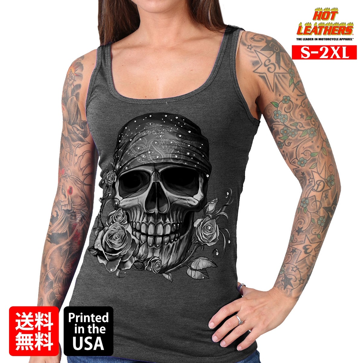 【送料無料】日本未発売! セール価格! 米国直輸入! [Skull Bandana Rhinestones Ladies Tank Top] HOTLEATHERS レディースプリントタンクトップ! 本国ハーレー乗り愛用の米国バイカー専門アパレルブランド「ホットレザー」からの直輸入品です! 【 特別価格! HOTLEATHERS Ladies Tank Top 】 女性らしい曲線でウエスト部分をキュッとスリムにつくることにより、 体の線がキレイに見えるようサイジングされたレディースタンク! 少し長めの丈や伸縮性のある着心地の良い生地、インパクトあるデザインなどなど シンプルでも細部にまでこだわりが感じられるトップスです。 年中着用可能なバイカーによるバイカーのためのプリントインナー!! 本場バイカーの、あの"こなれた感じ"演出できます♪ 米国ならではのプラスサイズでも、お値段そのままで大変オトク!! 【オリジナルアートワーク】 バンダナを被ったカリブの海賊をイメージさせるスカルパイレーツ。 ペイズリーや薔薇、ラインストーンがエレガントな女性にピッタリなデザイン。 (プリント：前面) Screen print. Printed In The USA. 【カラー】 ヘザーチャコール(杢グレー) 【素材】 コットン57％、ポリエステル38％、スパンデックス5％ 【サイズ(約)：USレディース】 S　　：胸囲71cm 着丈66cm М　　：胸囲76cm 着丈69cm L　　：胸囲81cm 着丈71cm XL　：胸囲86cm 着丈71cm 2XL：胸囲91cm 着丈76cm 【サイズにご注意下さい】 ※USサイズは、日本サイズよりワンサイズ程度大きめに作られています。 例えばUSサイズ表記「M」の実際の大きさは、日本サイズ「L」に 相当しますので、普段の日本サイズよりワンサイズ下げるなど 必ずサイズ表もご確認の上、お選び頂きますよう推奨しております。 ※サイズは目安です。商品の個体差や個人差により着用感は異なる場合がございます。 ※商品の仕様やデザインはメーカー都合により予告なく変更になる場合がございます。 米国メーカーに「在庫がある商品」では通常、お届けまでに「1〜2週間前後」のお時間を頂いております。メーカーに「在庫がない商品」に関しましては、お届けまでに「1ヶ月以上」、またはタイミングにより「売り切れ」や「生産終了」となっている場合がございますので、何卒ご理解下さいますようお願い致します。また、商品によっては説明不足な点や、システムのタイムラグによって納期や入荷状況が表示内容とは異なっている場合がございますので、お届けまでのお時間や商品についてのご不明な点などがございましたら、どうぞお気軽にお問い合わせ下さい！商品画像はできる限り現品を再現するように心がけておりますが、ご利用のモニターにより差異が生じますので予めご了承下さい。 米国メーカー在庫品で1〜2週間前後、在庫がない商品に関しましては、売り切れ・廃盤もしくは1ヶ月以上お時間を頂戴致しますので、予めご了承くださいますようお願い致します。