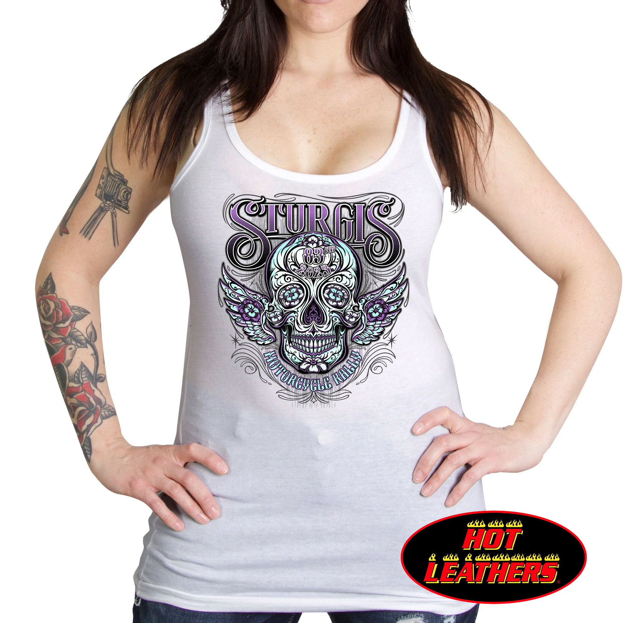 日本未発売! セール価格! 米国直輸入! ホットレザー [Ladies 2023 Sturgis Sugar Skull Tank Top] レディース 2023 スタージス シュガー スカル タンクトップ! ノースリーブ 袖なし インナー スカル Hot Leathers プリント バイクに!