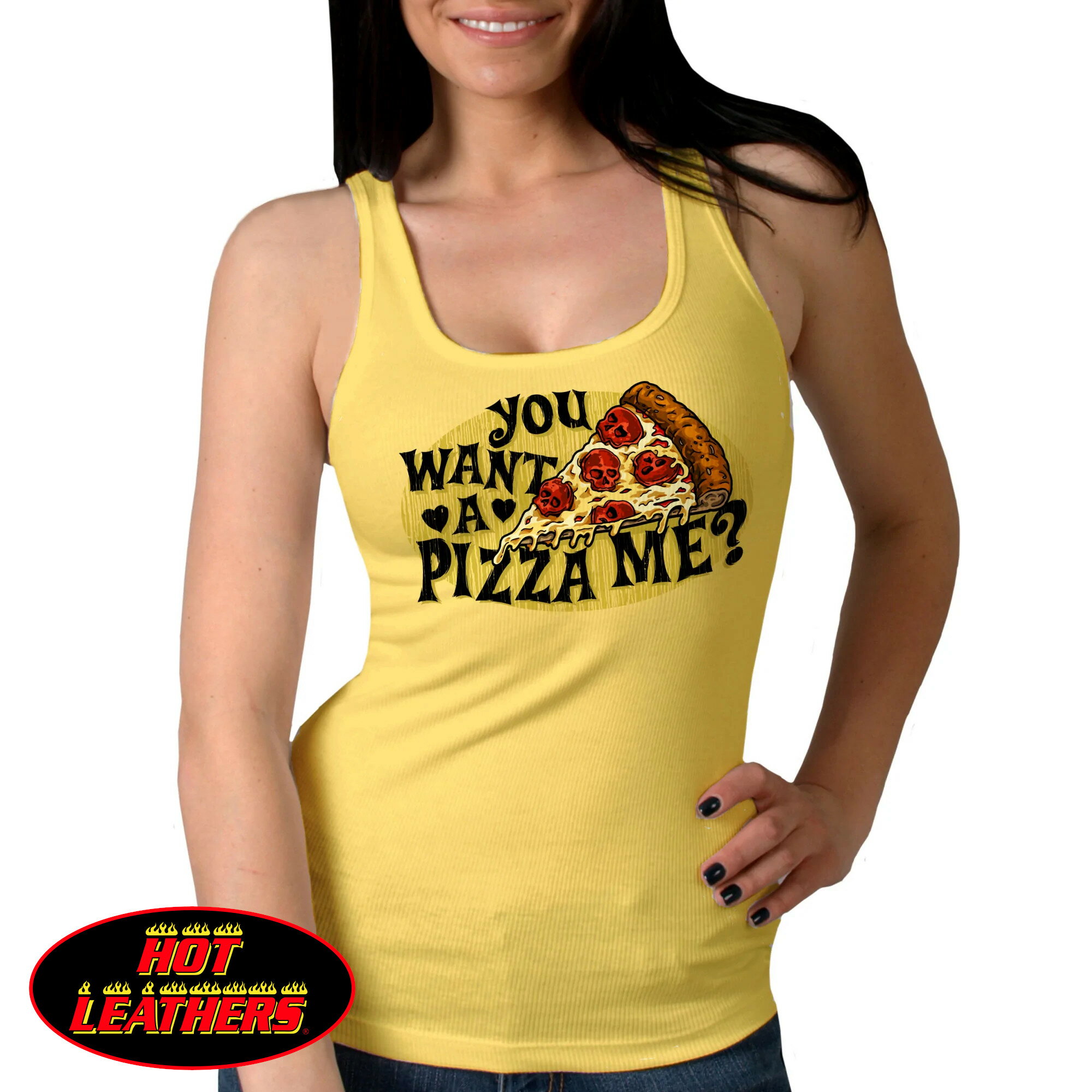 日本未発売! セール価格! 米国直輸入! ホットレザー [Ladies Pizza Me Tank Top] レディース ピザ ミー タンクトップ! ノースリーブ 袖なし インナー イエロー ピザ スカル Hot Leathers プリント バイクに!