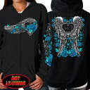 【送料無料 】日本未発売 セール価格 ホットレザー Angel Roses Zipper Hoodie エンジェル ローゼス ジッパー フーディー スウェット パーカー ジップアップ 長袖 米国 HOTLEATHERS 直輸入 フェザー レディース 薔薇 ブラック 黒 バイクに