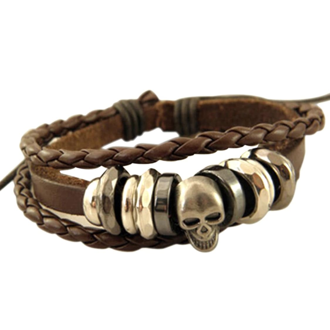 [Artificial Leather Skull Braided Bracelet] アーティフィシャル・レザー・スカル・ブレイデッド・ブレスレット! バングル バイカーに! 人工皮革 ブラウン 茶 ビンテージ 骸骨 編み込み ブレイズ 重ね着け風 メンズ アクセサリー