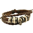 Artificial Leather Skull Braided Bracelet アーティフィシャル レザー スカル ブレイデッド ブレスレット バングル バイカーに 人工皮革 ブラウン 茶 ビンテージ 骸骨 編み込み ブレイズ 重ね着け風 メンズ アクセサリー