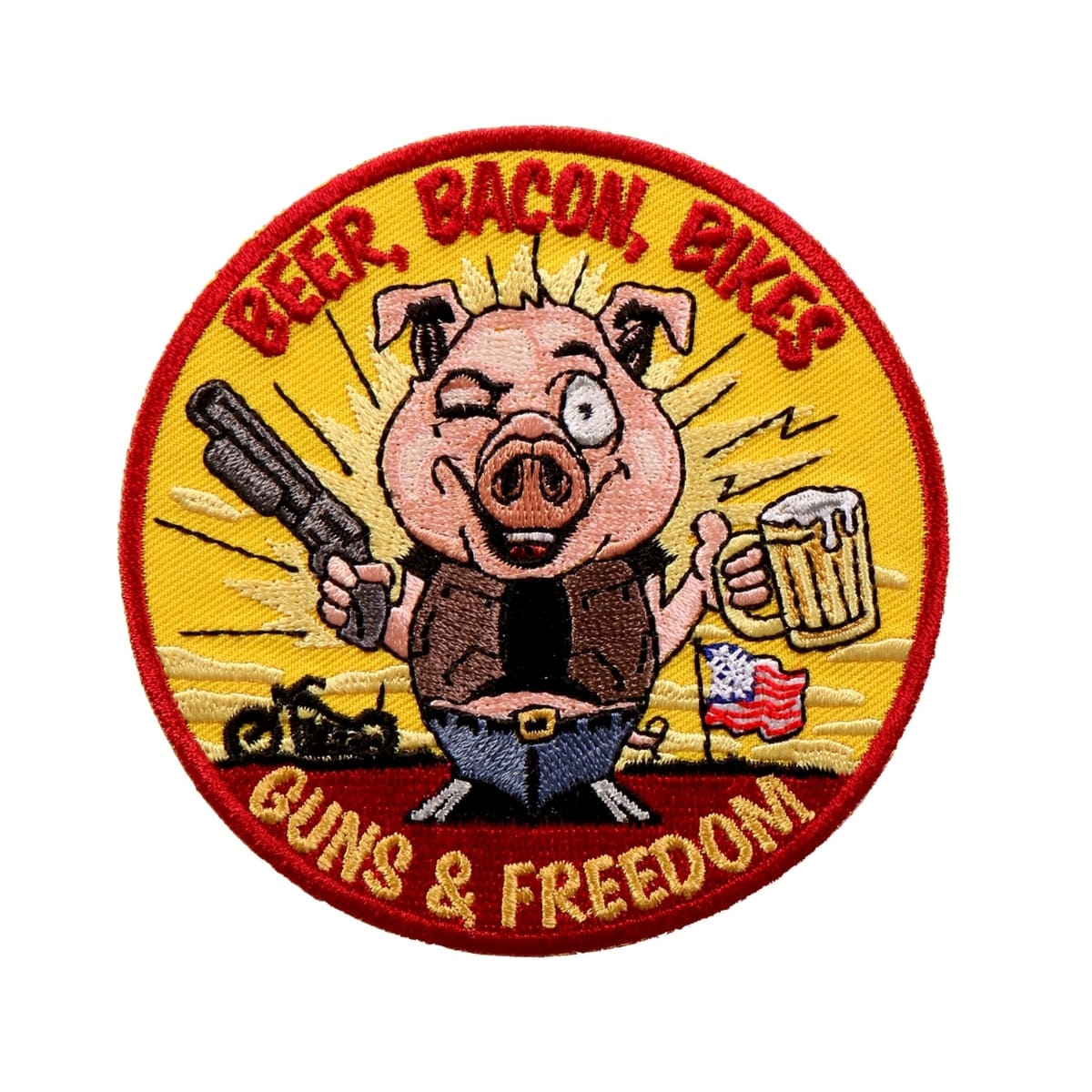 日本未発売! セール価格! ホットレザー [Beer Bacon Bikes and Guns Patch] ビアベーコンバイクスアンドガンズ ワッペン! 豚 ピッグ 丸型 パッチ 米国バイカー専門アパレルブランド HOTLEATHER…