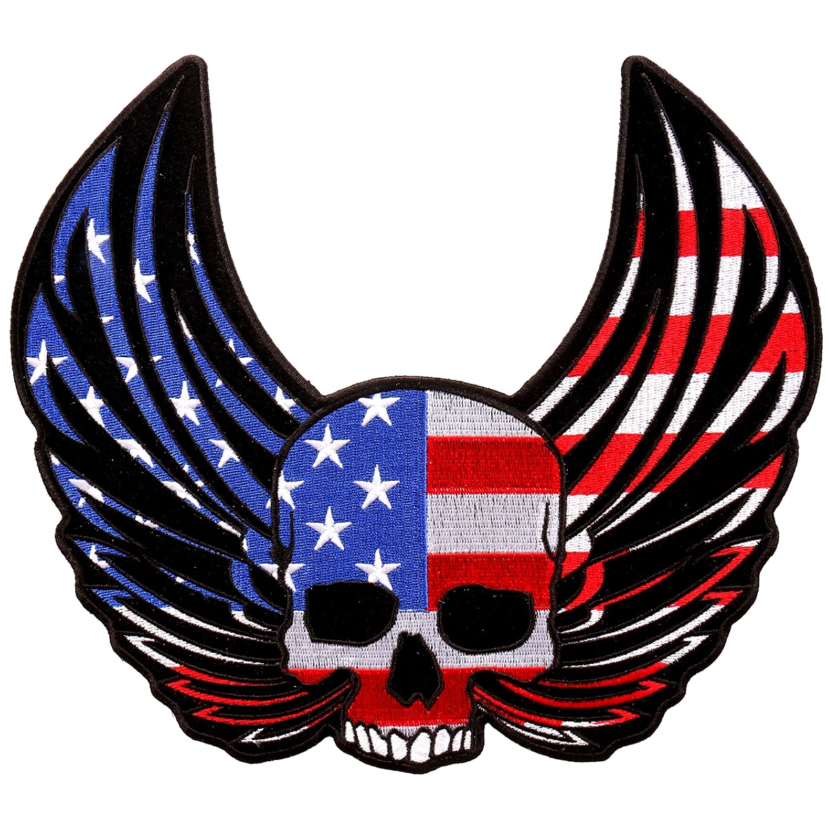 日本未発売! セール価格! ホットレザー 2サイズ! [Skull Wings Flag Patch] スカルウィングスフラッグ ワッペン! 骸骨 星条旗 羽根 パッチ 米国バイカー専門アパレルブランド HOTLEATHERS 直輸入! ウェアのカスタムに! 布製 アイロン対応 サイズ大 背中用