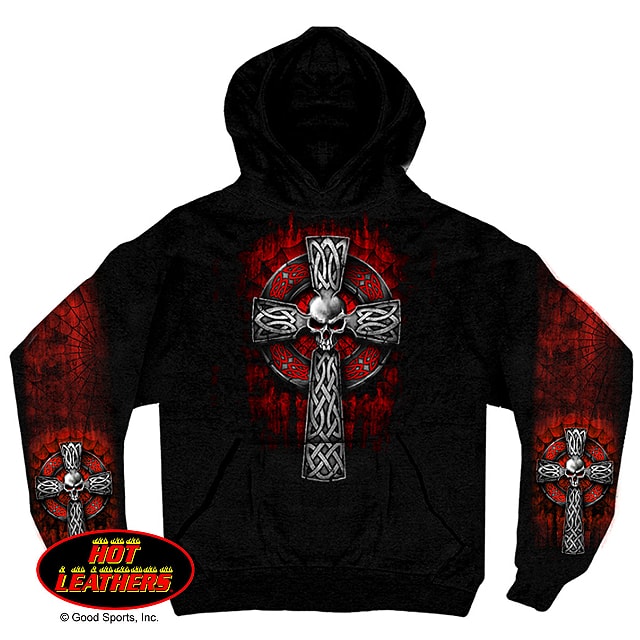 【送料無料】日本未発売! セール価格! [Celtic Cross Pocket Hooded Sweatshirt] HOTLEATHERS オリジナルプリントメンズパーカー 本国ハーレー乗り愛用の米国バイカー専門アパレルブランド「ホットレザー」からの直輸入品です! 【 特別価格! HOTLEATHERS Original Print Men's Sweatshirt 】 ハーレーダビッドソン乗り愛用の有名バイカーアパレルブランド、 "ホットレザー"オリジナルデザインのメンズフードパーカーです! サッと羽織るだけで暖かく、これ一着でバイカーファッションがキマる 本場テイスト溢れるワイルドなデザイン♪勿論バイカーでなくても、 本格的なアメカジコーデに一役買います!アメリカンな大きいサイズにも対応!! 【オリジナルアートワーク】 センターと腕部分に施された迫力のある神聖な雰囲気のケルト十字デザイン。 スカルクロスと蜘蛛の巣のようにも見える模様がミステリアス。 フードの調節紐とお腹部分に両手が入れられる大きなポケット付き。 ■カラー：ブラック　■素材：コットン100％ 【サイズ(約)：USメンズ】 М　　：胸囲102-107cm/着丈71cm L　　：胸囲112-117cm/着丈74cm XL　：胸囲122-127cm/着丈76cm 2XL：胸囲132-137cm/着丈79cm 3XL：胸囲142-147cm/着丈81cm 【サイズにご注意下さい】 USサイズは、日本サイズよりワンサイズ大きめに作られています。 例えばUSサイズ表記「M」の 実際の大きさは、日本サイズ「L」に相当しますので 普段のサイズより、ワンサイズほど下げてお選び頂くよう推奨しております。 商品の個体差や個人差がありますので、あくまでも目安ですが、 サイズチャートも含めサイズ選びの参考にして下さい。 ※商品の仕様やデザインはメーカー都合により予告なく変更になる場合がございます。 米国メーカーに「在庫がある商品」では通常、お届けまでに「1〜2週間前後」のお時間を頂いております。メーカーに「在庫がない商品」に関しましては、お届けまでに「1ヶ月以上」、またはタイミングにより「売り切れ」や「生産終了」となっている場合がございますので、何卒ご理解下さいますようお願い致します。また、商品によっては説明不足な点や、システムのタイムラグによって納期や入荷状況が表示内容とは異なっている場合がございますので、お届けまでのお時間や商品についてのご不明な点などがございましたら、どうぞお気軽にお問い合わせ下さい！商品画像はできる限り現品を再現するように心がけておりますが、ご利用のモニターにより差異が生じますので予めご了承下さい。 米国メーカー在庫品で1〜2週間前後、在庫がない商品に関しましては、売り切れ・廃盤もしくは1ヶ月以上お時間を頂戴致しますので、予めご了承くださいますようお願い致します。